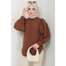 Hafsa Mina Balon Kol Gömlek Kahverengi HM2639 Dokuma Kumaşlı Basic Desenli Kadın Günlük Stil