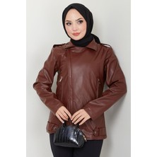 Fermuarlı Kısa Suni Deri Mont Kahverengi HM2343