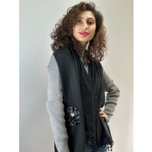 Siyah Çiçekli Dökümlü Kadın Fular Şal 160X45 cm