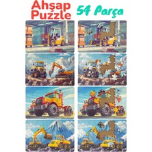 Çocuklar Için Eğitici ve Öğretici Ahşap 54 Parçalı 4 Adet Iş Makineleri Puzzle Yapboz Montessori Oyuncak Seti