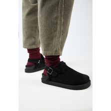 Manijero (Holly 2 Kürklü Platform) Kadın Hakiki Deri Kemerli Tokalı Sabo Siyah Sandalet