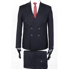 Jan Carlucci Slim Fit Geniş Sivri Yaka-Çift Yırtmaç  Siyah Çift Cep Kruvaze Drop 6 Takım Elbise