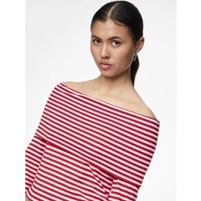 Only Pieces 17156179 Sal Yaka Yatay Cizgili Kadin Body - Kirmizi Cizgili