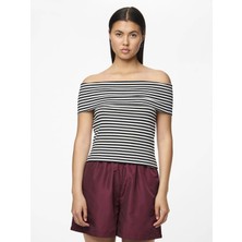 Only Pieces 17156179 Sal Yaka Yatay Cizgili Kadin Body - Lacivert Cizgili