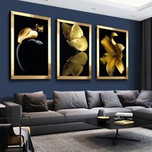 Zevahir Mobilya Dekorasyon Altın Renk Çiçek Kelebek Modern Gold Pleksi Kenar 3'lü Mdf Tablo Seti