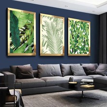 Zevahir Mobilya Dekorasyon Yeşil Yapraklar Modern Gümüş Pleksi Kenar 3'lü Mdf Tablo Seti