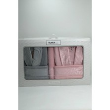 Özdilek Camellia Pamuk Unisex Aile Bornoz Seti Gri Pembe Geleneksel Desen M ve L Beden