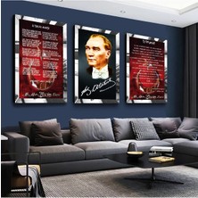 Zevahir Mobilya Dekorasyon Atatürk Istiklal Marşı ve Gençliğe Hitabe Gümüş Pleksi Kenar 3'lü Mdf Tablo Seti