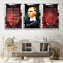 Zevahir Mobilya Dekorasyon Atatürk Istiklal Marşı ve Gençliğe Hitabe Gümüş Pleksi Kenar 3'lü Mdf Tablo Seti