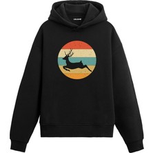 Colermi Retro Geyik Silüet Baskılı Ünisex Kapşonlu Hoodie