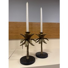 Dekoratif 2'li Döküm Pirinç Mumluk Antik Eskitme 24 cm