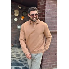 Tirenze Erkek Siyah Polo Yaka Pamuklu Yumuşak Kalın Kumaşlı Oversize Sweatshirt