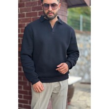 Tirenze Erkek Siyah Polo Yaka Pamuklu Yumuşak Kalın Kumaşlı Oversize Sweatshirt