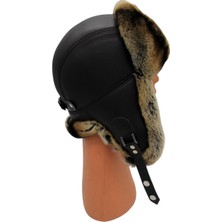 Gerçek Tavşan Kürklü Ushanka Deri Pilot Şapka Ayarlanabilir Tokalı Kışlık Outdoor Şapka Rex Model