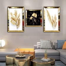 Zevahir Mobilya Dekorasyon Buğday Çiçeği Aynalı Gümüş Pleksi Çerçeveli Mdf Tablo Ve Saat Seti