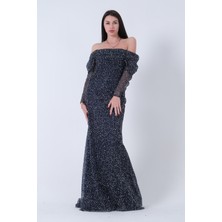 Feminist Lacivert Kayık Yaka Simli Uzun Kol Abiye 9705266.02