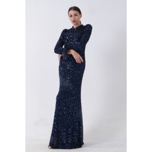 Feminist Lacivert Pul Payetli ve Tüy Detaylı Tesettür Abiye  6502490.02