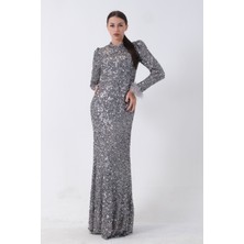 Feminist Gri Pul Payetli ve Tüy Detaylı Tesettür Abiye  6502490.06