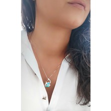 Hellemyst Kadın 925 Ayar Gümüş Mavi Opal Doğal Taş Ikiz Yunus Balığı Kolye - Balık Burcu