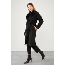 Lêvi D'or Siyah Peluş Detaylı Kaşe Kaban