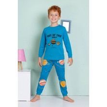Elmp Mavi Gezegen Desenli %100 Pamuk Erkek Çocuk Pijama Takımı 1-13 Yaş 3064