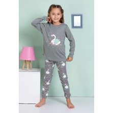 Elmp Gri Kuğu Desenli %100 Pamuk Kız Çocuk Pijama Takımı 1-13 Yaş 4068