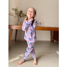 Isob Lila Stitch Desenli Fitilli Kumaş %100 Pamuk Kız Çocuk Pijama Takımı 3-8 Yaş 31220-L
