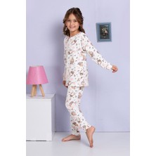 Elmp Ekru Baykuş Desenli %100 Pamuk Kız Çocuk Pijama Takımı 1-13 Yaş 4059