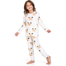 Elmp Ekru Ayıcık Desenli %100 Pamuk Kız Çocuk Pijama Takımı 1-13 Yaş 4055