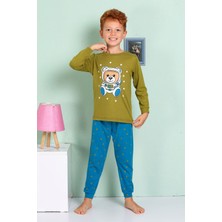 Elmp Yeşil Astronot Ayıcık Desenli %100 Pamuk Erkek Çocuk Pijama Takımı 1-13 Yaş 3061