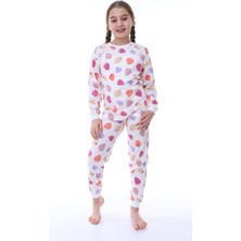 Isob Ekru Çilek Desenli %100 Pamuk Kız Çocuk Pijama Takımı 3-13 Yaş 31232-E
