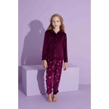 Tarp Bordo Kadife Önden Düğmeli Kız Çocuk Pijama Takımı 5-15 Yaş 2799-2800-B