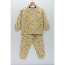 Isob Kedicik Desen Bej 2ip Fırçalı Kumaş %100 Pamuk Unisex Çocuk Pijama Takımı 3-8 Yaş 12213-B