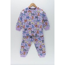 Isob Kedicik Desenli Lila 2ip Fırçalı Kumaş %100 Pamuk Kız Çocuk Pijama Takımı 3-8 Yaş 11220-L