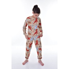 Isob Bej Dinozor Desenli %100 Pamuk Erkek Çocuk Pijama Takımı 3-12 Yaş 22215-B