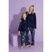 Tarp Lacivert Kadife Önden Düğmeli Kız Çocuk Pijama Takımı 5-15 Yaş 2797-2798-2-L