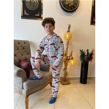 Pjk Araba Desenli Mavi Uzun Kollu Önden Düğmeli Erkek Çocuk Pijama Takımı 4-12 Yaş 703U