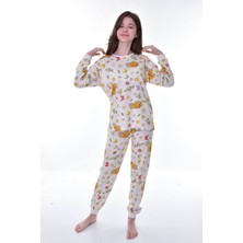 Isob Ekru Kelebek Desenli %100 Pamuk Kız Çocuk Pijama Takımı 3-12 Yaş 21242-E