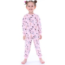 Isob Pembe Kedi Desenli %100 Pamuk Kız Çocuk Pijama Takımı 3-8 Yaş 31212-P