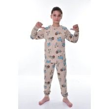 Isob Bej Hayvanlar Alemi Desenli %100 Pamuk Erkek Çocuk Pijama Takımı 3-12 Yaş 22219-B