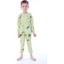 Isob Yeşil Dinozor Desenli %100 Pamuk Erkek Çocuk Pijama Takımı 3-8 Yaş 32220-Y