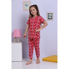 Elm Kırmızı Kedicik Desen Kız Çocuk Pijama Takımı 3-10 Yaş 1173