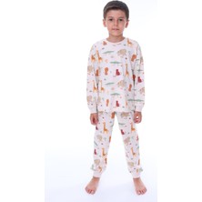Isob Bej Hayvanlar Alemi Desenli %100 Pamuk Erkek Çocuk Pijama Takımı 3-8 Yaş 32211-B