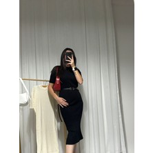 Nis Triko Yarım Kol Fitilli Elbise Midi Boy
