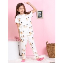 Elm Ekru Ayıcık Desen Fitilli Kumaş Kız Çocuk Pijama Takımı 3-10 Yaş 1110