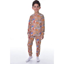 Isob Kahverengi Dinozor Desen Fitilli Interlok Kumaş %100 Pamuk Erkek Çocuk Pijama Takımı 3-12 Yaş 12309-K