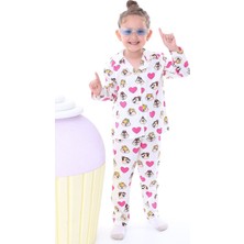 Isob Ekru Önden Düğmeli %100 Pamuk Kız Çocuk Pijama Takımı 3-8 Yaş 31202-E