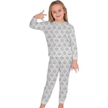 *elmp Gri Kedicikli %100 Pamuk Kız Çocuk Pijama Takımı 1-9 Yaş 4037