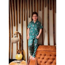 Pjk Astronot Desenli Yeşil Kısa Kollu Önden Düğmeli Erkek Çocuk Pijama Takımı 4-12 Yaş 0702K