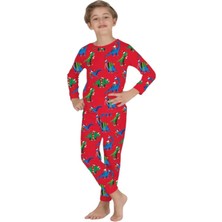 *elmp Kırmızı Yeniyıl Dinozorlu %100 Pamuk Unisex Çocuk Pijama Takımı 1-13 Yaş 4001